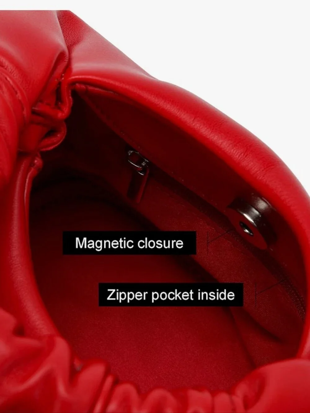 Red Ruched Handle Leather Mini Handbag Faux Leather